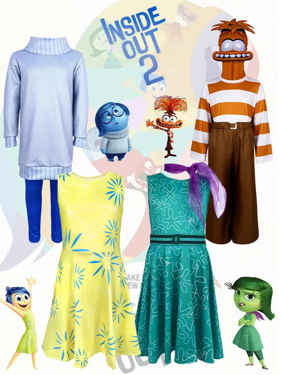 Ensemble de Costumes Inside Out pour Halloween – Cosplay Joie, Tristesse, Colère, Dégoût, Peur et Anxiété