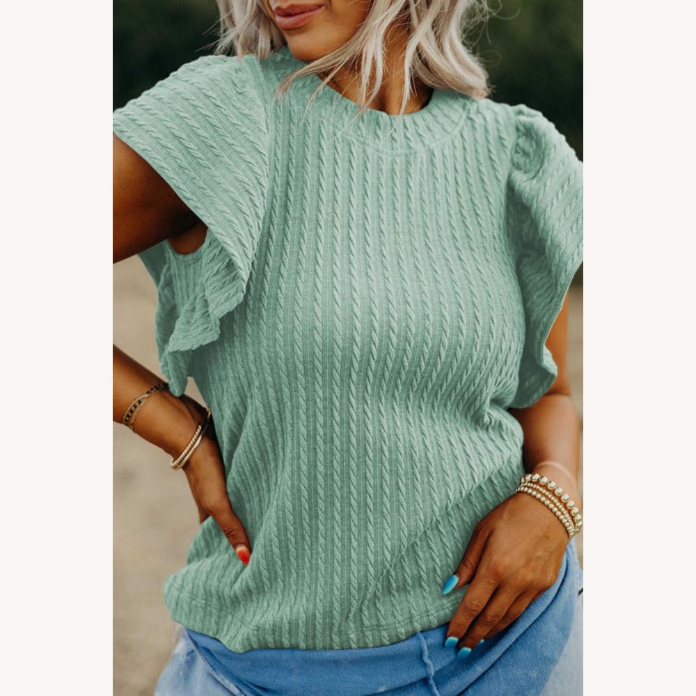 Top à Volants Beige en Maille Côtière Légère pour Femme – Élégant, Confortable, Manches Fluides, Col Rond