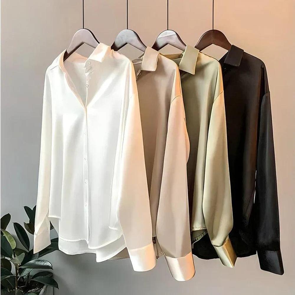 Elegant Women's White Silk Satin Blouse with Long Sleeves and Classic Collar - Chic Blouse for All Occasions