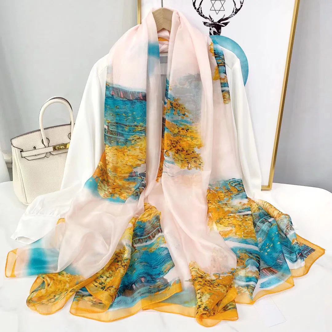 Foulard en Soie Femme Luxe avec Motifs Floraux - Écharpe Rectangulaire Élégante en Soie Douce 180x70 cm 0
