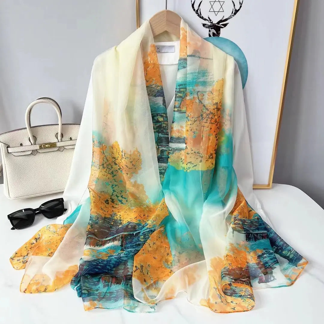 Foulard en Soie Femme Luxe avec Motifs Floraux - Écharpe Rectangulaire Élégante en Soie Douce 180x70 cm 1