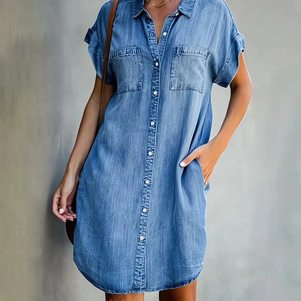 Robe en Jean Femme Élégante Bleu Foncé, Encolure Retournée et Manches Courtes - Robe en Jeans Confortable et Chic