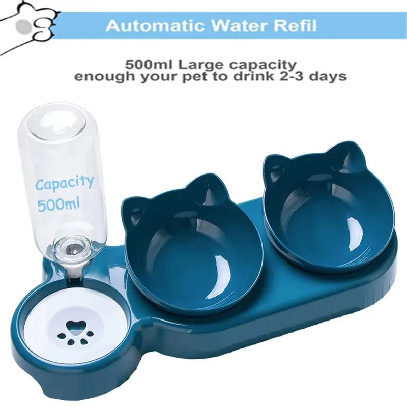 Triple Bowl for Cats and Dogs with Automatic Bottle – Ergonomic Inclined Design