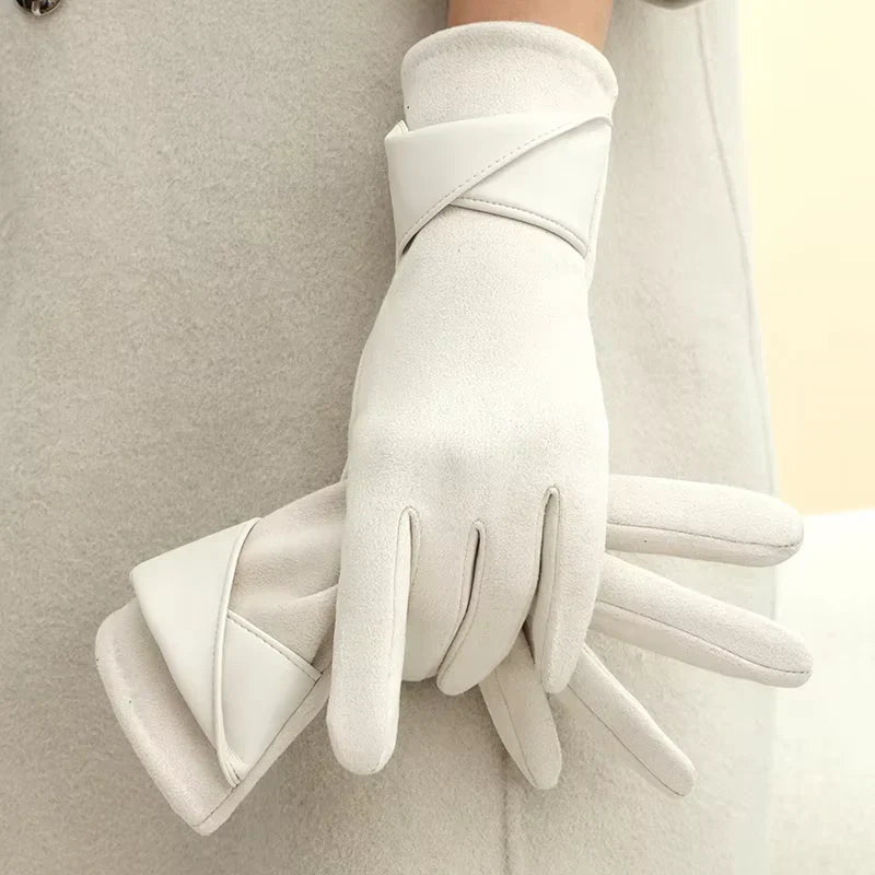 Gants d'Hiver Femme en Velours avec Doublure en Polaire et Manchette en Simili Cuir - Compatibles Écrans Tactiles 5
