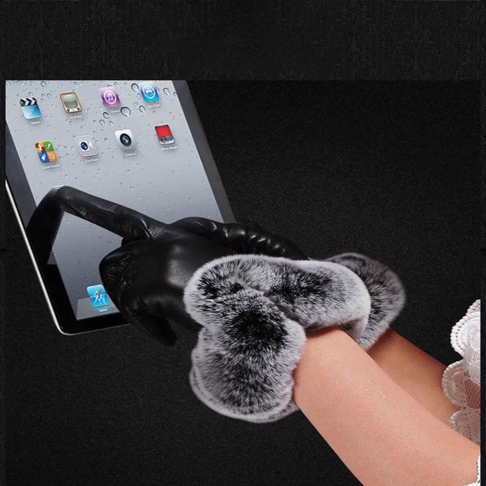 Gants en cuir PU pour femmes avec manchette en fausse fourrure et écran tactile 2