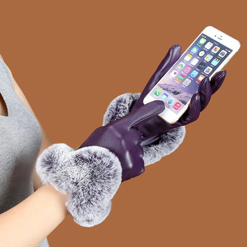Gants en cuir PU pour femmes avec manchette en fausse fourrure et écran tactile 3