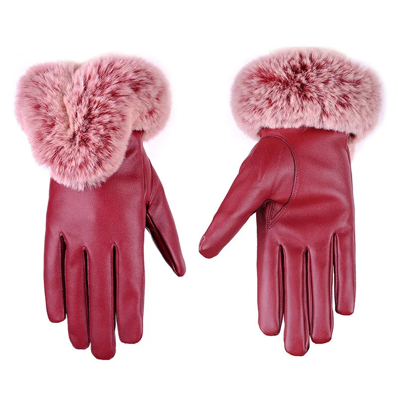 Gants en cuir PU pour femmes avec manchette en fausse fourrure et écran tactile 5