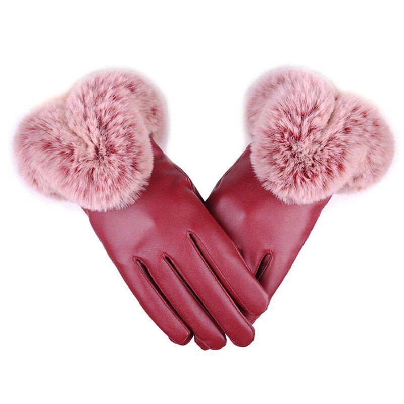 Gants en cuir PU pour femmes avec manchette en fausse fourrure et écran tactile 8