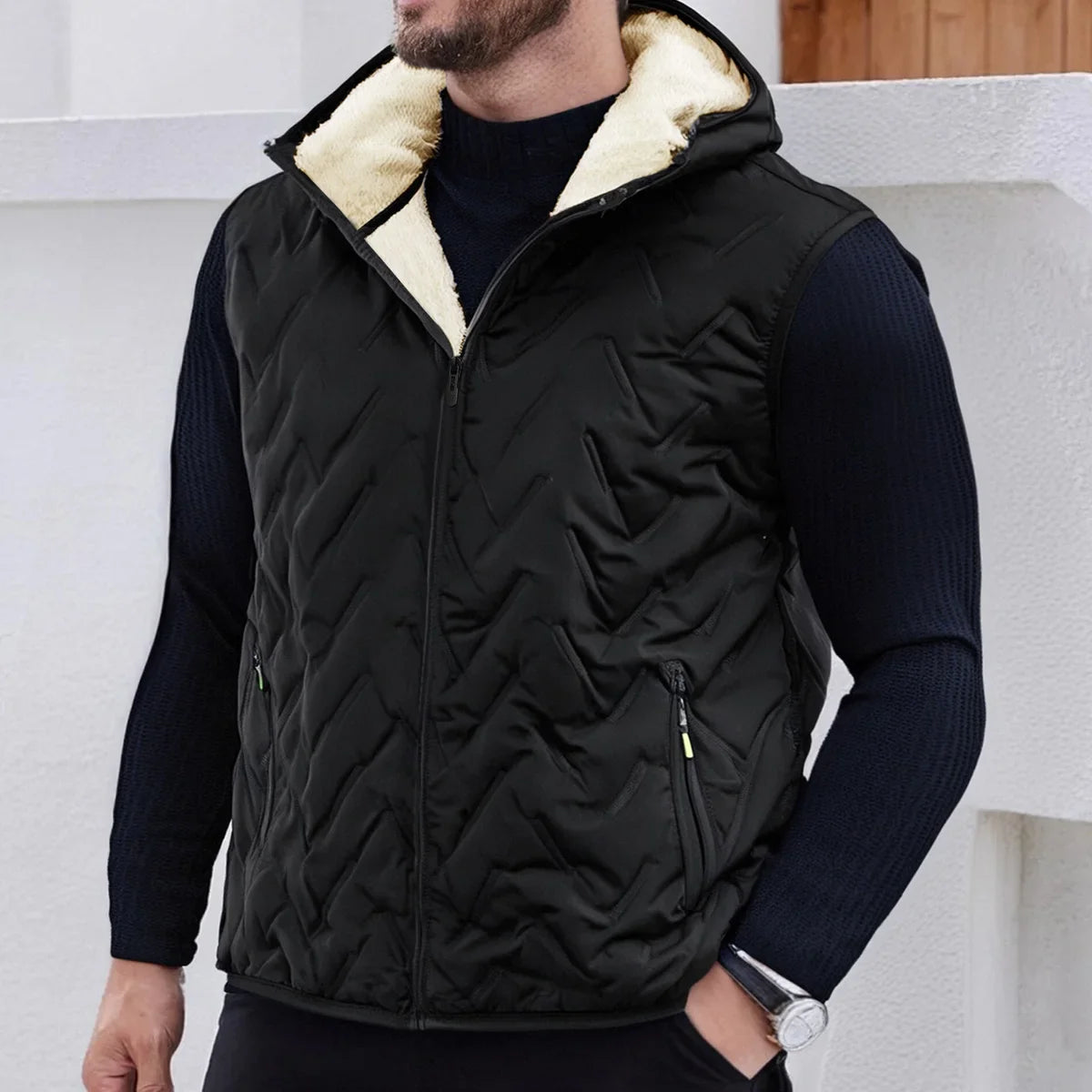 Men's Down Insulated Vest with Hood and Zippered Pockets - Quilted for Fall and Winter