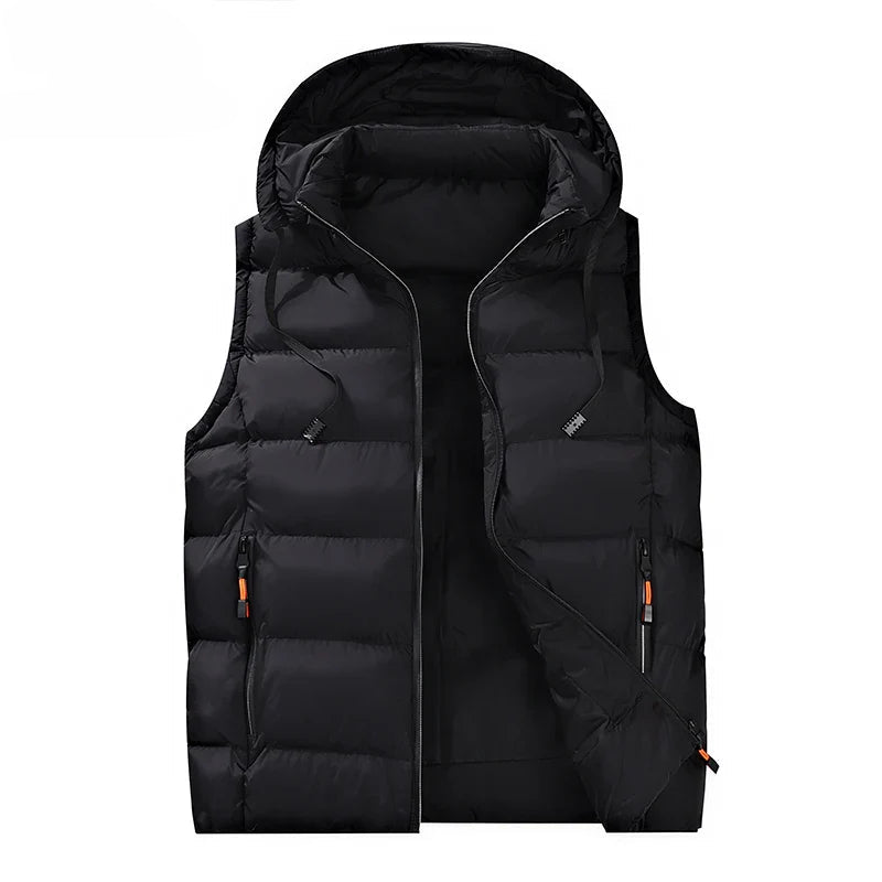 Gilet à Capuche Matelassé pour Hommes en Polyester avec Capuche Amovible et Poches Zippées – Vêtement d'Hiver Pratique