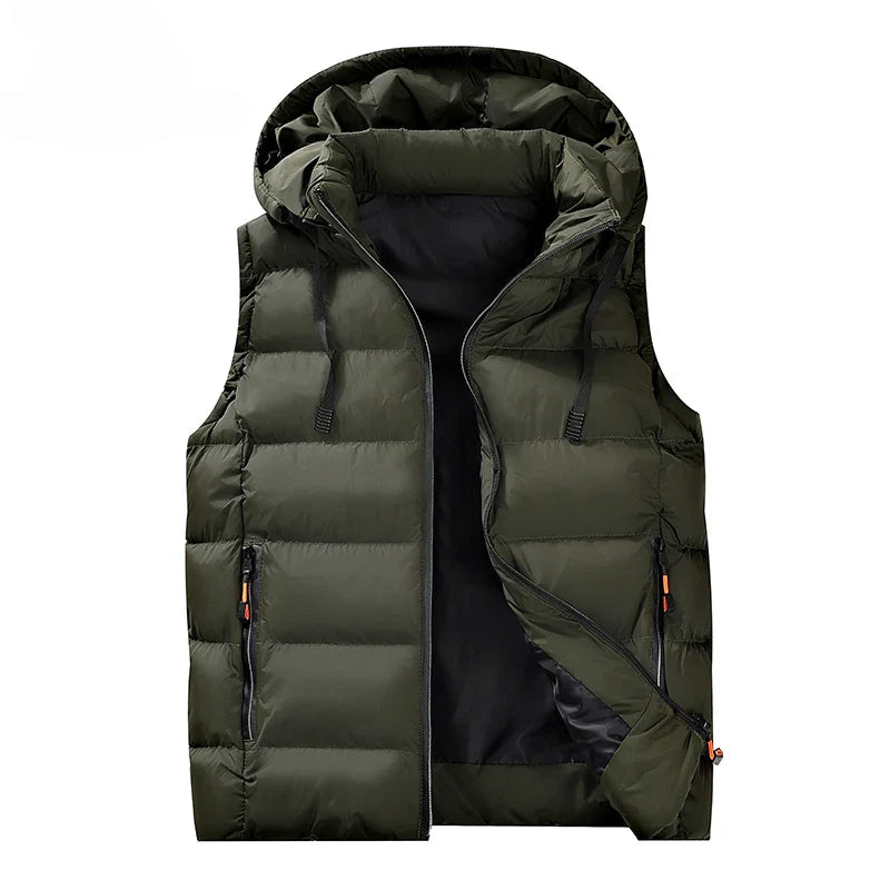 Gilet à Capuche Matelassé pour Hommes en Polyester avec Capuche Amovible et Poches Zippées – Vêtement d'Hiver Pratique