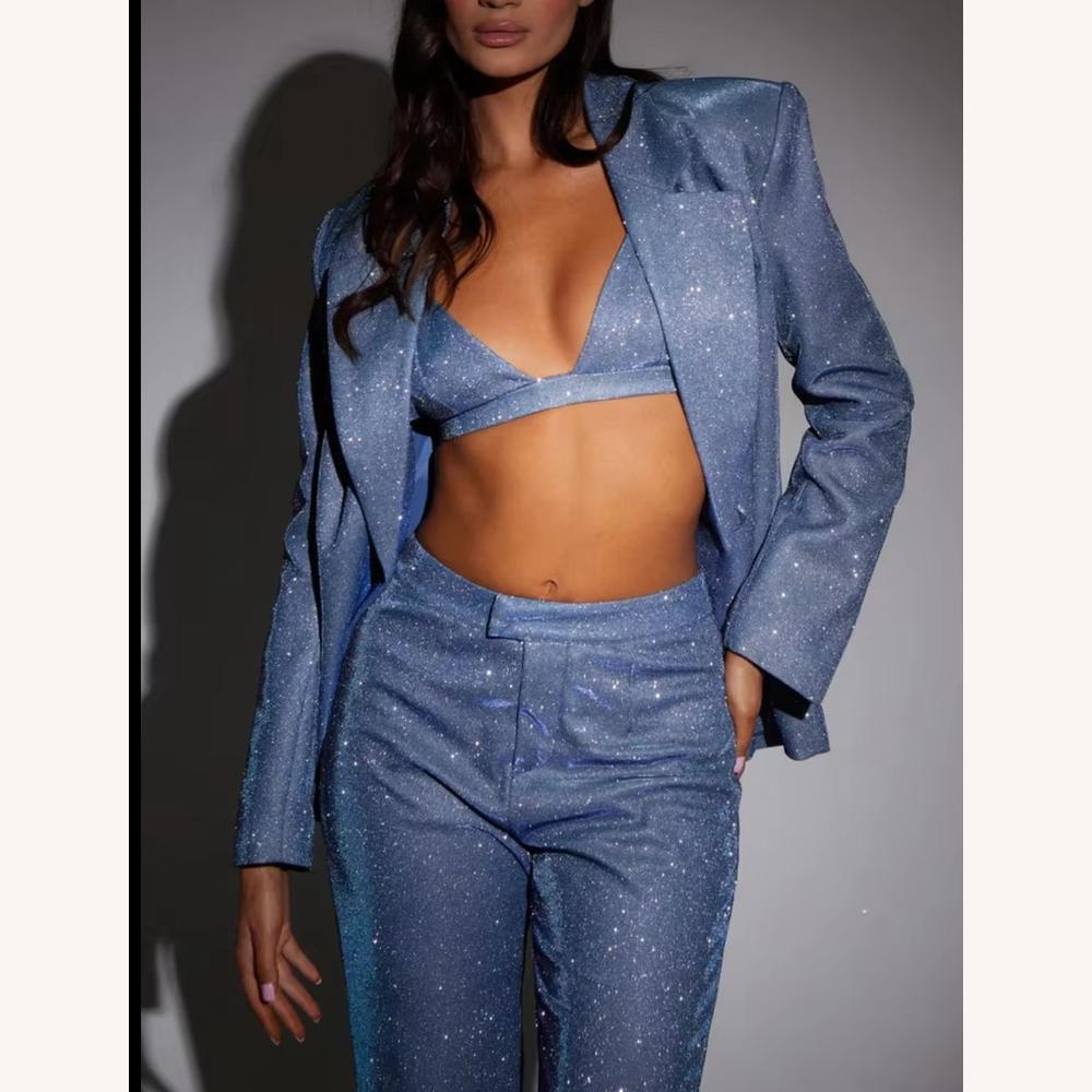 Ensemble Costume 3 Pièces Pailleté – Blazer Sculpté et Pantalon Taille Haute pour Tenue de Soirée Élégante