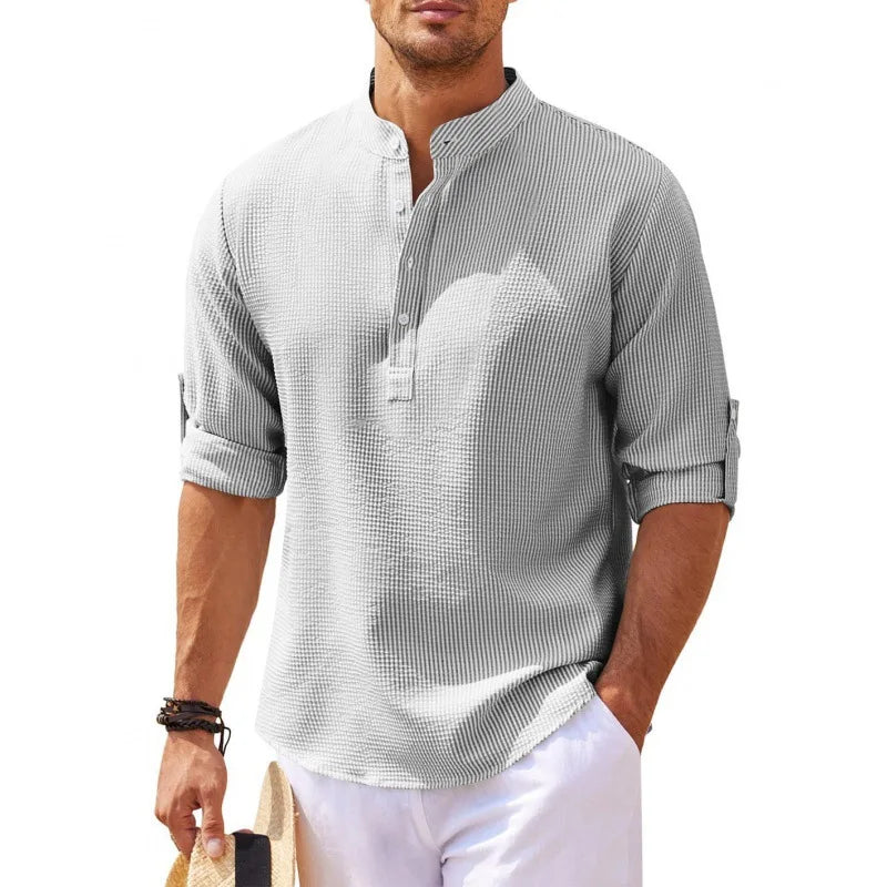 Haut de Chemise Décontracté à Manches Longues avec Col Montant et Motif à Carreaux d'Ananas pour Hommes