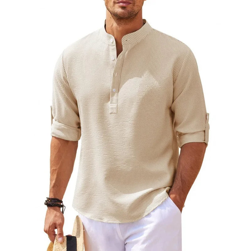 Hawaiian Casual Long Sleeve Shirt with Stand Collar and Pineapple Checkered Pattern for Men