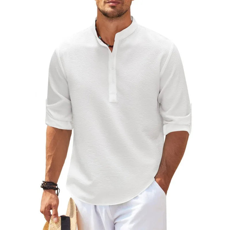 Hawaiian Casual Long Sleeve Shirt with Stand Collar and Pineapple Checkered Pattern for Men