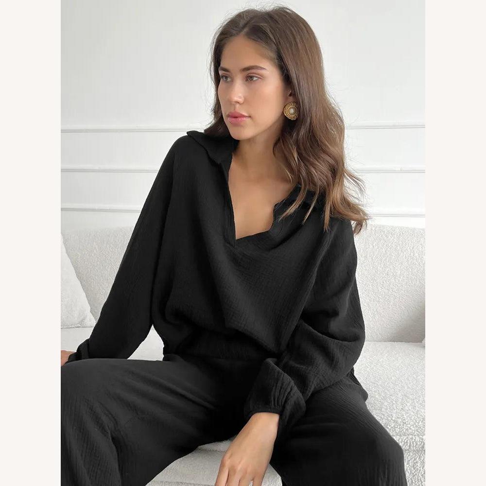 Ensemble Coordonné en Coton Gaufré pour Femme - Chemise Oversize Col en V et Pantalon Large Taille Haute, Style Décontracté