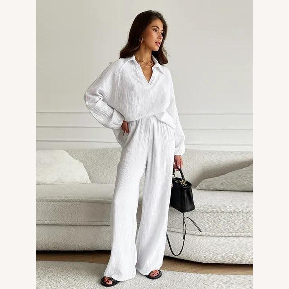 Ensemble Coordonné en Coton Gaufré pour Femme - Chemise Oversize Col en V et Pantalon Large Taille Haute, Style Décontracté