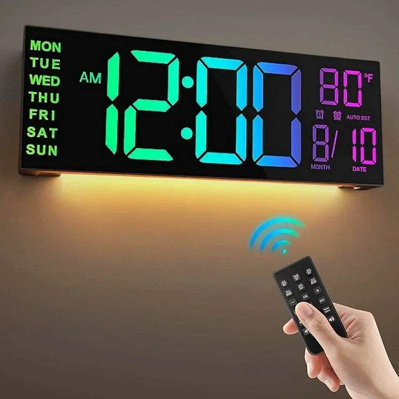 Horloge Murale Numérique 16 Pouces avec Télécommande et Éclairage RVB – Double Alarme et Compte à Rebours
