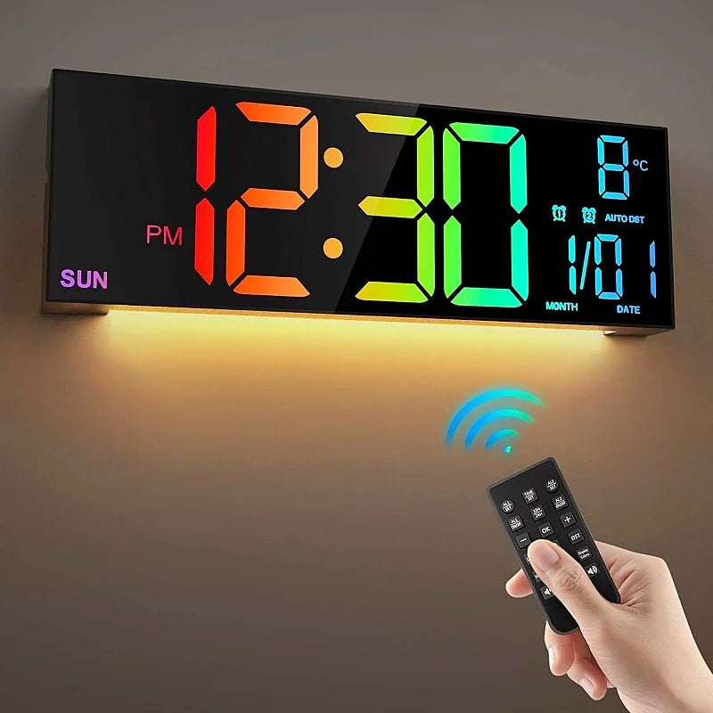 Horloge Murale Numérique 16 Pouces avec Télécommande et Éclairage RVB – Double Alarme et Compte à Rebours