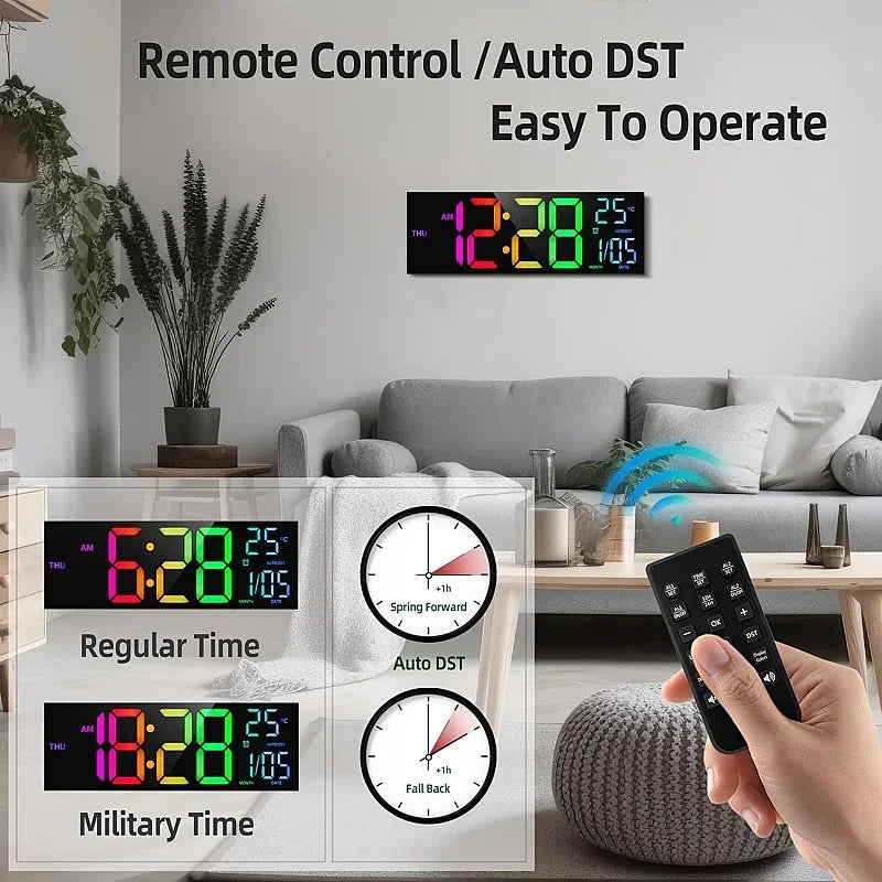 Horloge Murale Numérique 16 Pouces avec Télécommande et Éclairage RVB – Double Alarme et Compte à Rebours
