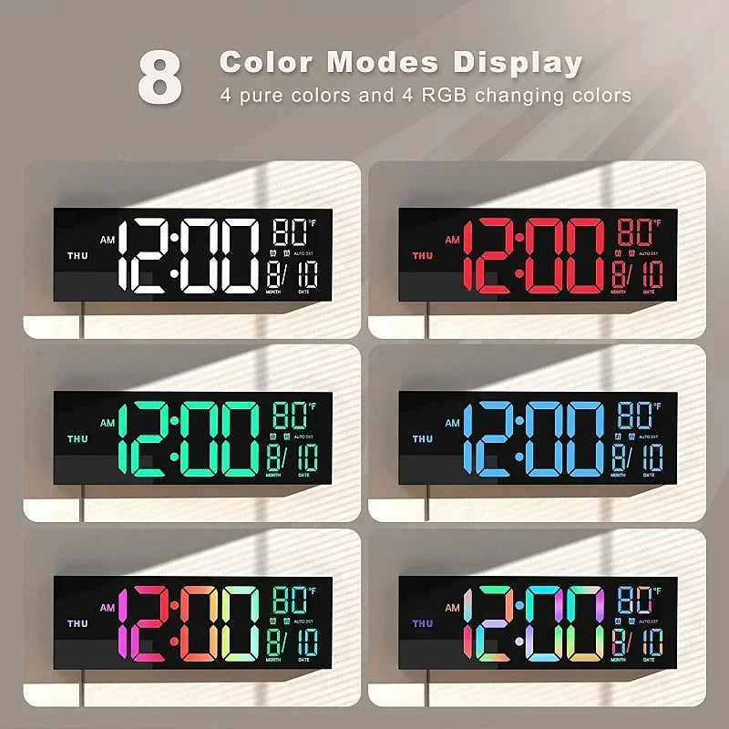 Horloge Murale Numérique 16 Pouces avec Télécommande et Éclairage RVB – Double Alarme et Compte à Rebours