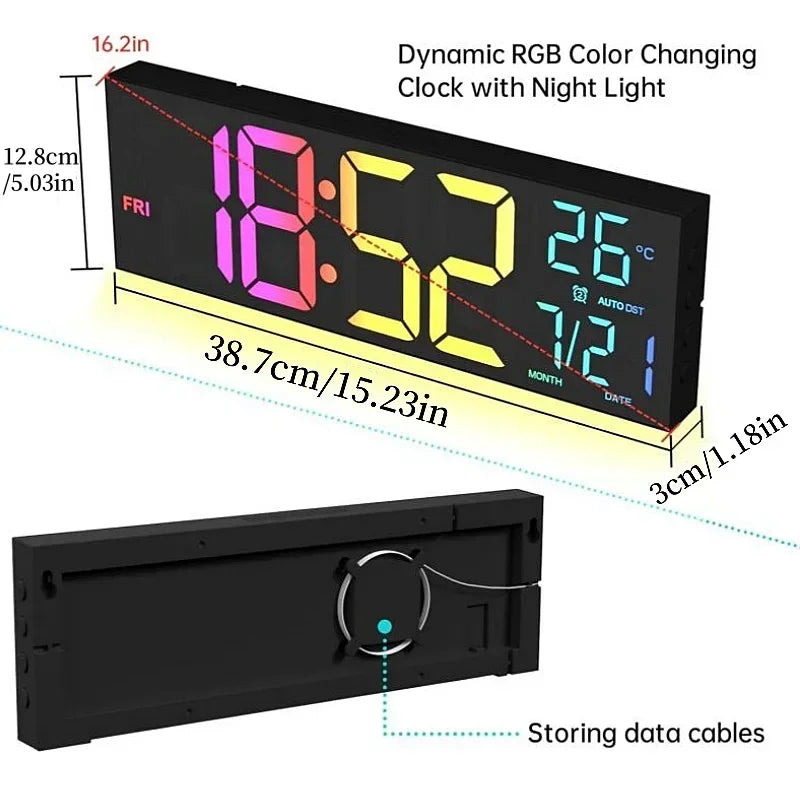 Horloge Murale Numérique 16 Pouces avec Télécommande et Éclairage RVB – Double Alarme et Compte à Rebours