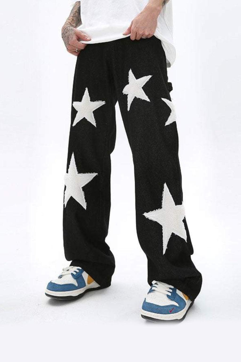 Jean Ample à Jambe Large en Denim avec Design Étoilé Unique – Indigo Foncé, Confort et Style Polyvalent