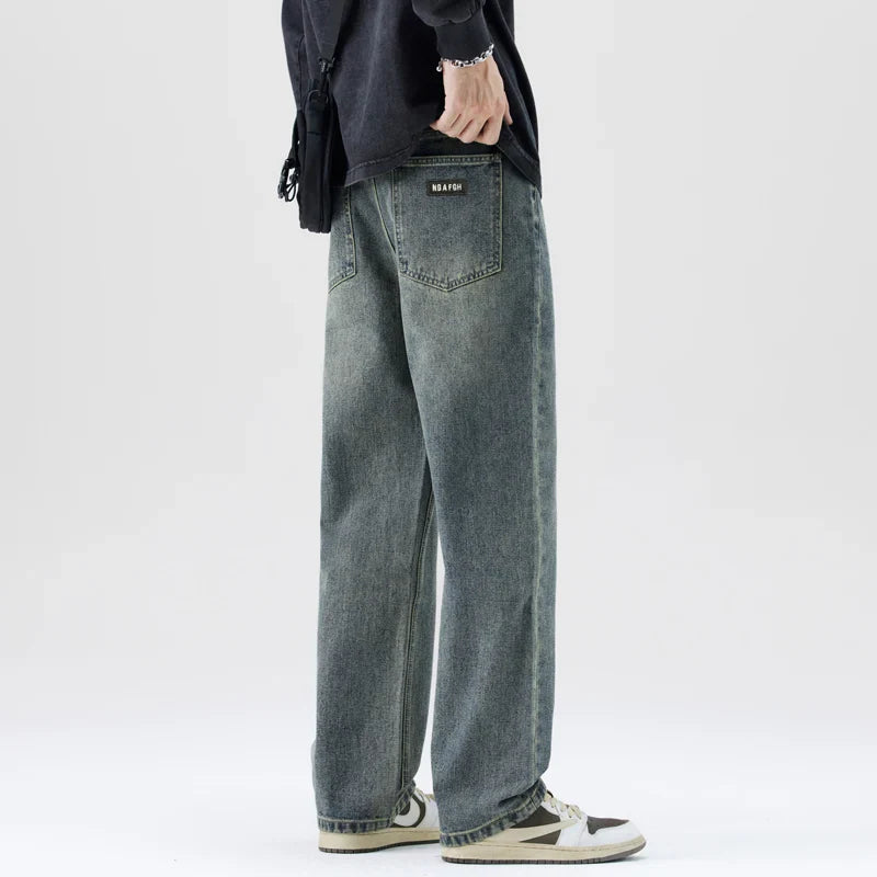 Jean Ample pour Hommes en Coton avec Délavage Vintage – Coupe Droite