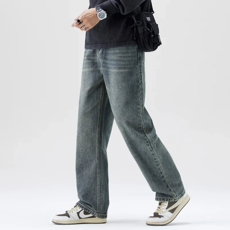 Jean Ample pour Hommes en Coton avec Délavage Vintage – Coupe Droite