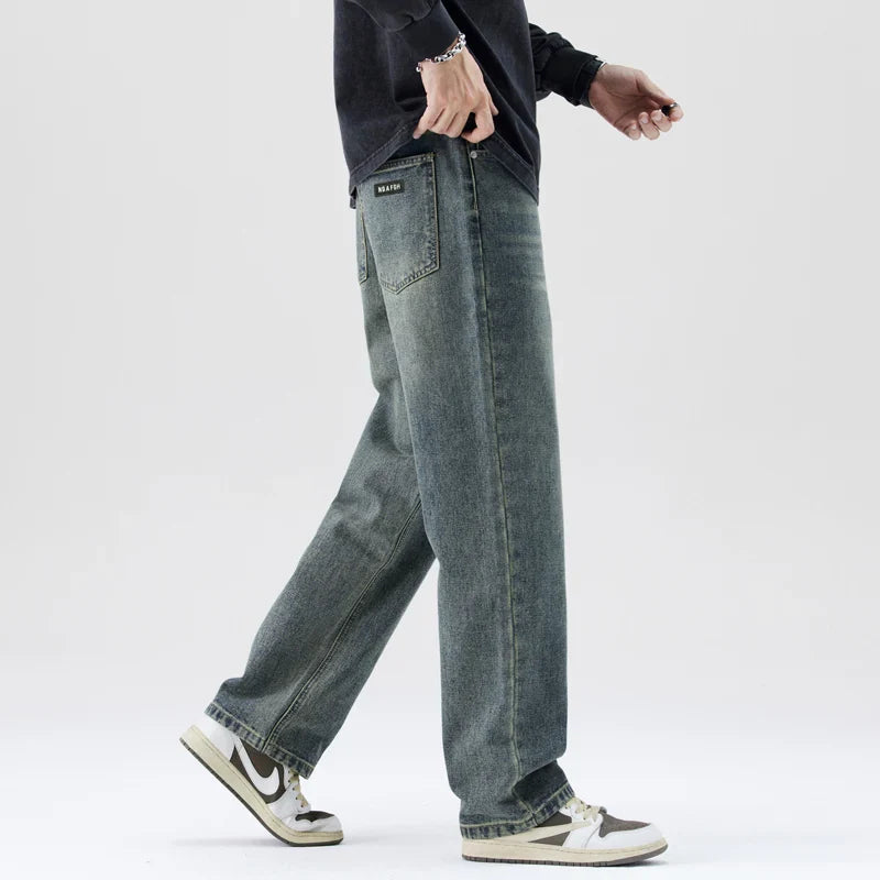 Jean Ample pour Hommes en Coton avec Délavage Vintage – Coupe Droite