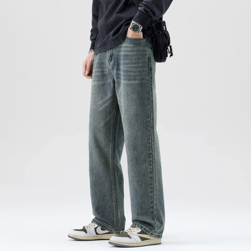 Jean Ample pour Hommes en Coton avec Délavage Vintage – Coupe Droite