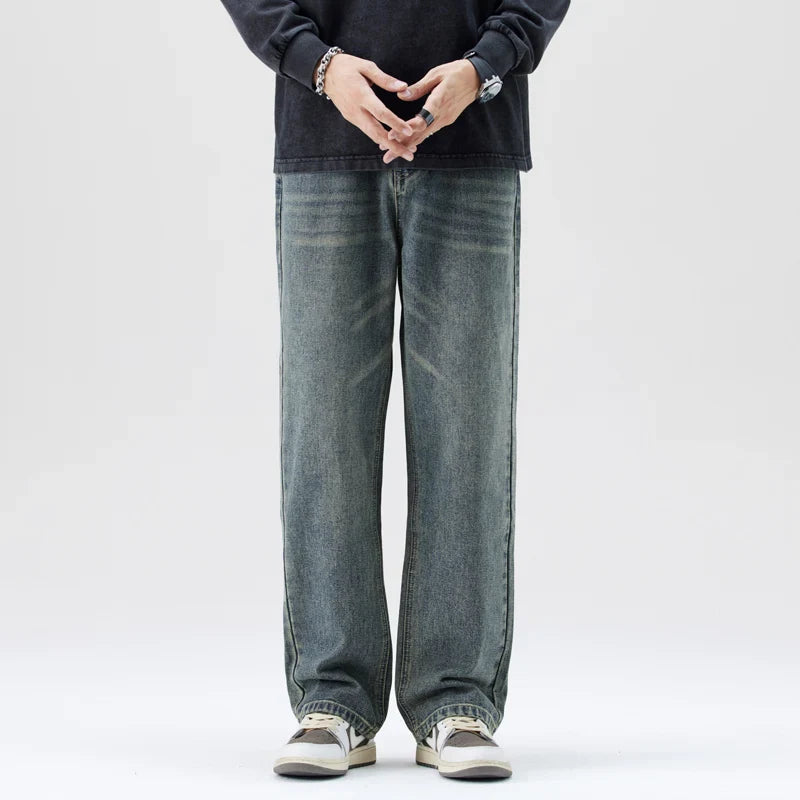 Jean Ample pour Hommes en Coton avec Délavage Vintage – Coupe Droite