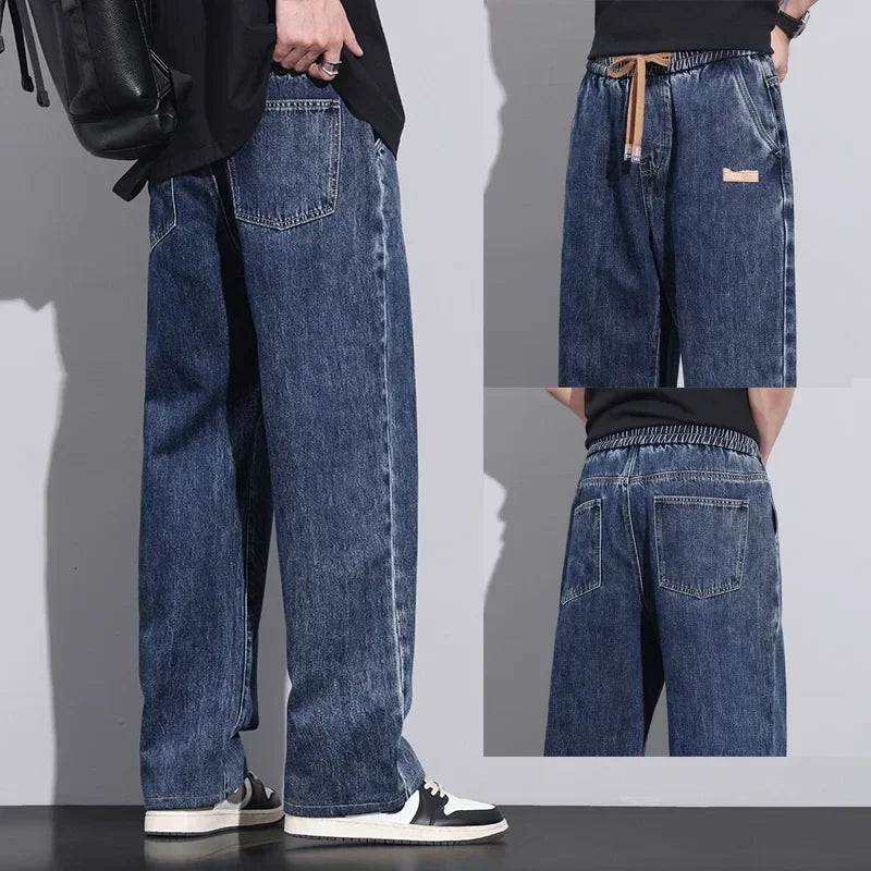 Jean Homme Large en Denim Élastique avec Cordon de Serrage - Style Streetwear Chic et Confort Optimal