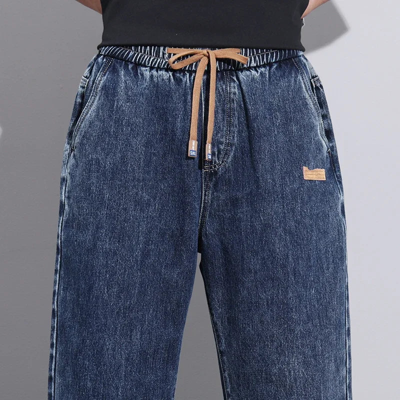 Jean Homme Large en Denim Élastique avec Cordon de Serrage - Style Streetwear Chic et Confort Optimal