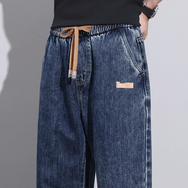 Jean Homme Large en Denim Élastique avec Cordon de Serrage - Style Streetwear Chic et Confort Optimal