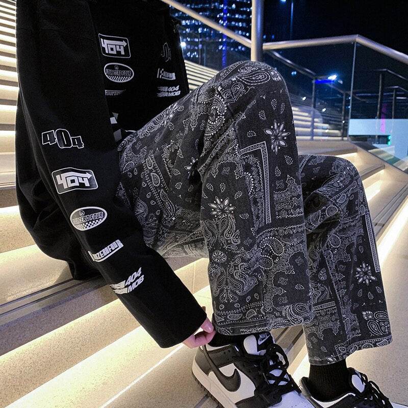 Jean Homme Noir avec Imprimés Bandana Distinctifs – Denim Confortable et Style Urbain