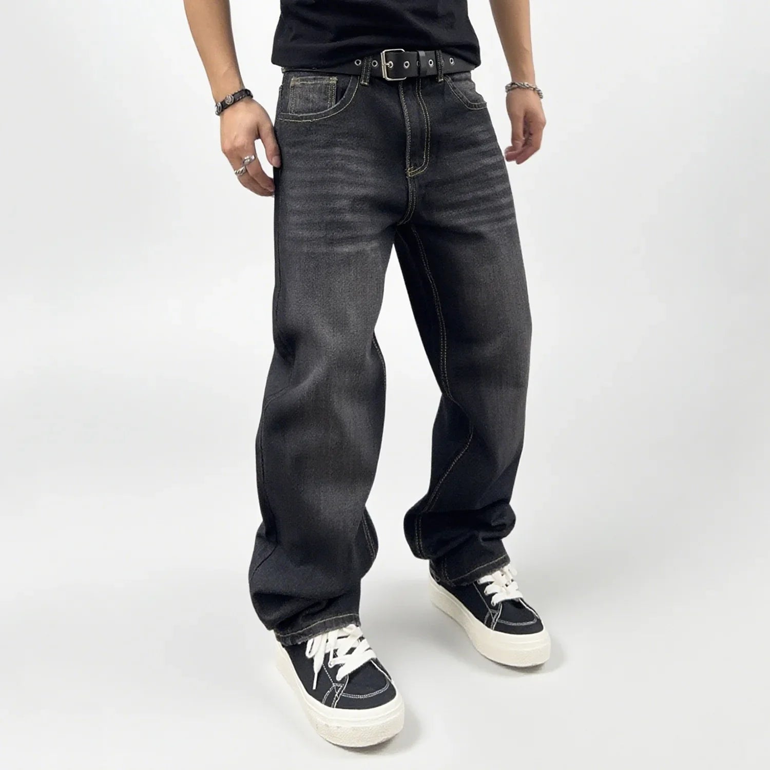 Jean Homme Oversize Délavé en Denim - Coupe Droite Confortable pour Automne et Hiver