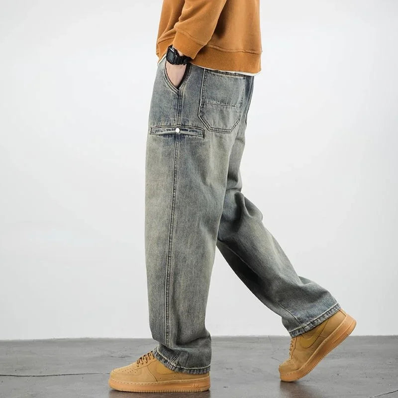 Jean Homme Oversize en Denim Délavé – Coupe Droite Ample, Taille Mi-Haute, Style Streetwear