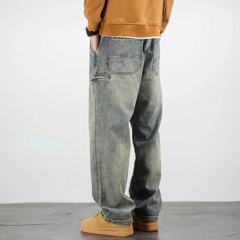 Jean Homme Oversize en Denim Délavé – Coupe Droite Ample, Taille Mi-Haute, Style Streetwear