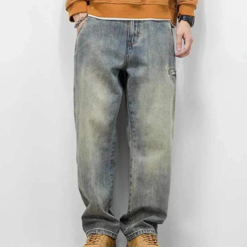Jean Homme Oversize en Denim Délavé – Coupe Droite Ample, Taille Mi-Haute, Style Streetwear