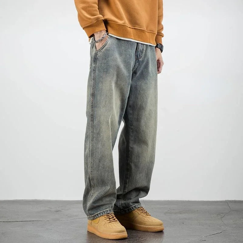 Jean Homme Oversize en Denim Délavé – Coupe Droite Ample, Taille Mi-Haute, Style Streetwear