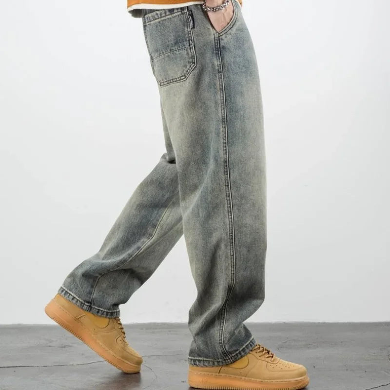 Jean Homme Oversize en Denim Délavé – Coupe Droite Ample, Taille Mi-Haute, Style Streetwear