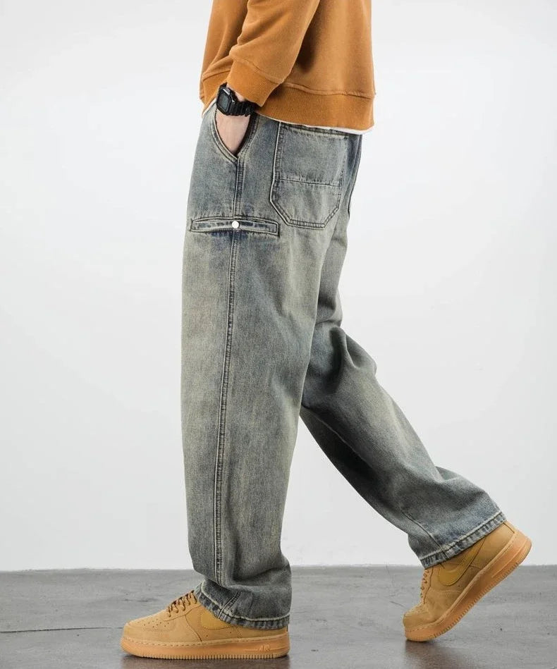 Jean Homme Oversize en Denim Délavé – Coupe Droite Ample, Taille Mi-Haute, Style Streetwear