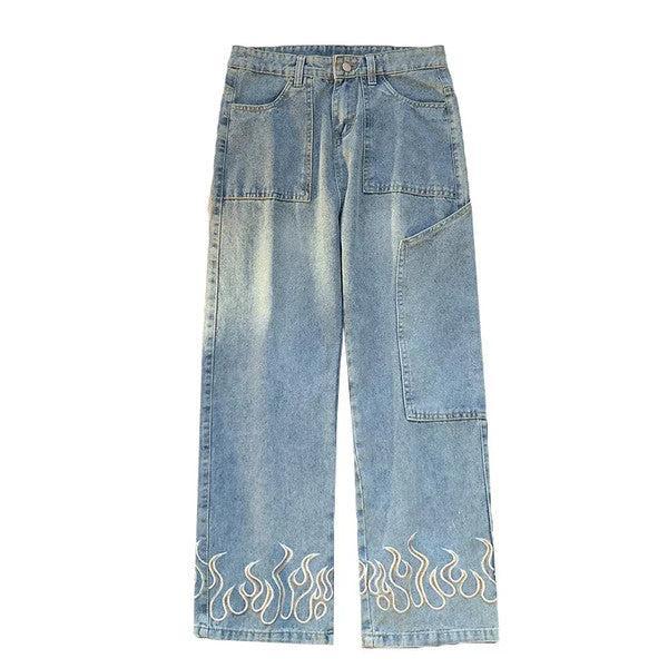 Jean en Denim Imprimé Flammes pour Hommes et Femmes - Styles Variés et Confort Optimal