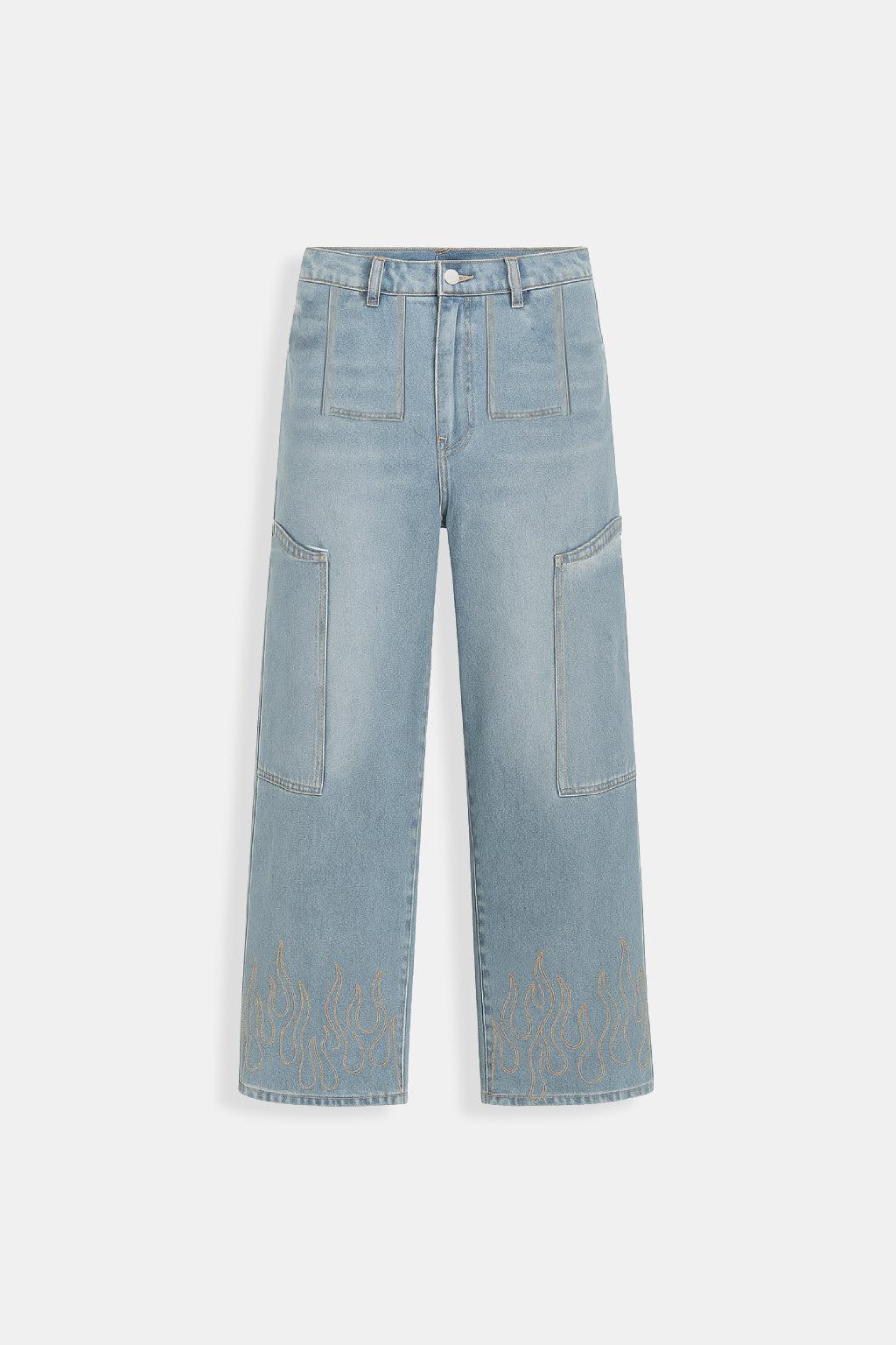 Jean en Denim Imprimé Flammes pour Hommes et Femmes - Styles Variés et Confort Optimal
