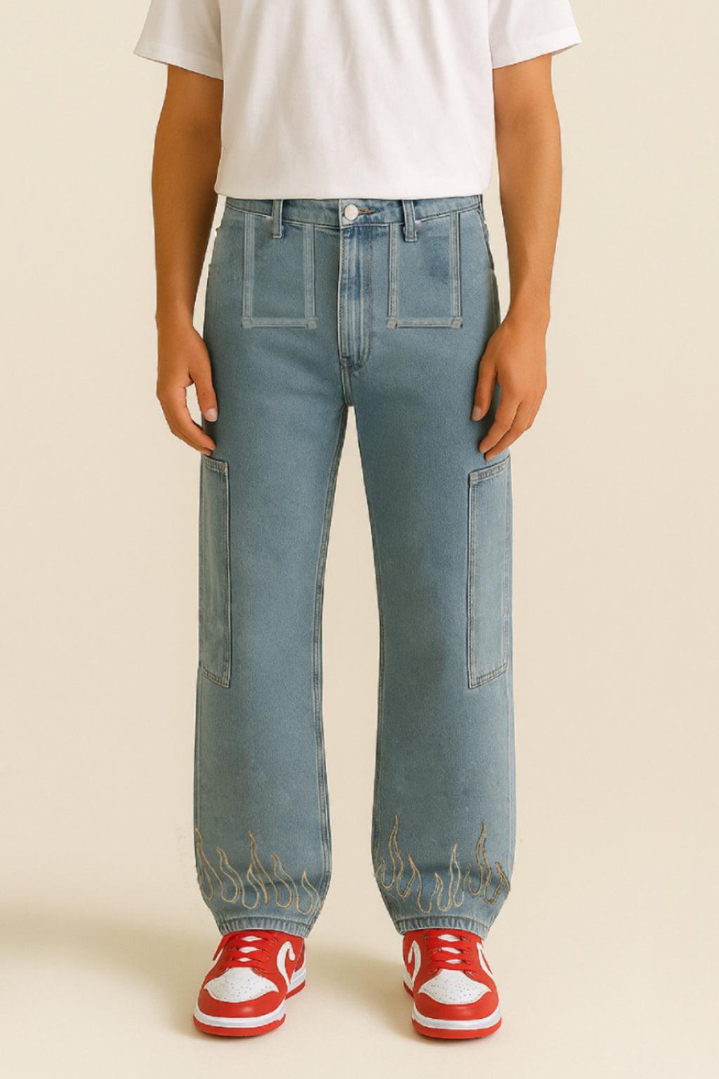 Jean en Denim Imprimé Flammes pour Hommes et Femmes - Styles Variés et Confort Optimal