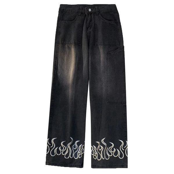 Jean en Denim Imprimé Flammes pour Hommes et Femmes - Styles Variés et Confort Optimal