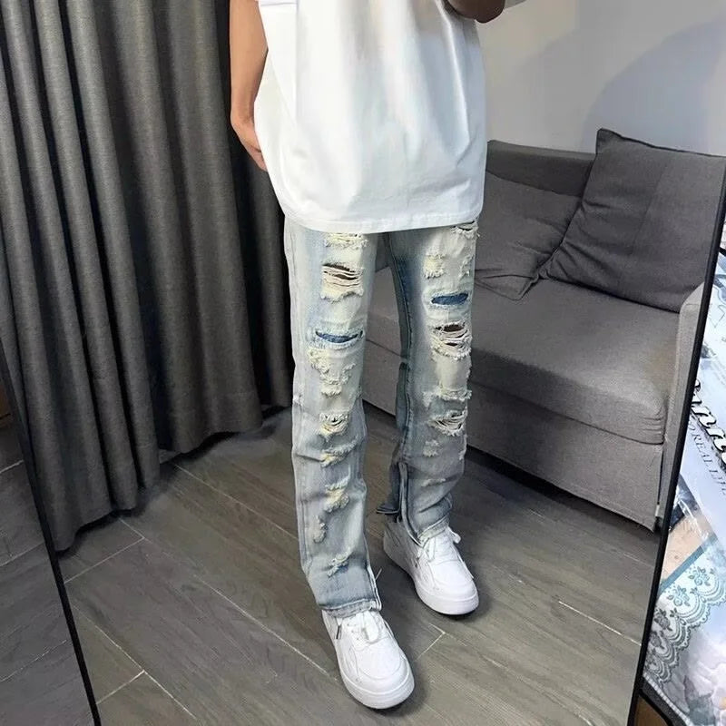 Jeans Homme Décontractés Oversize en Denim avec Détails Déchirés - Jambe Droite, Confort et Style Urbain