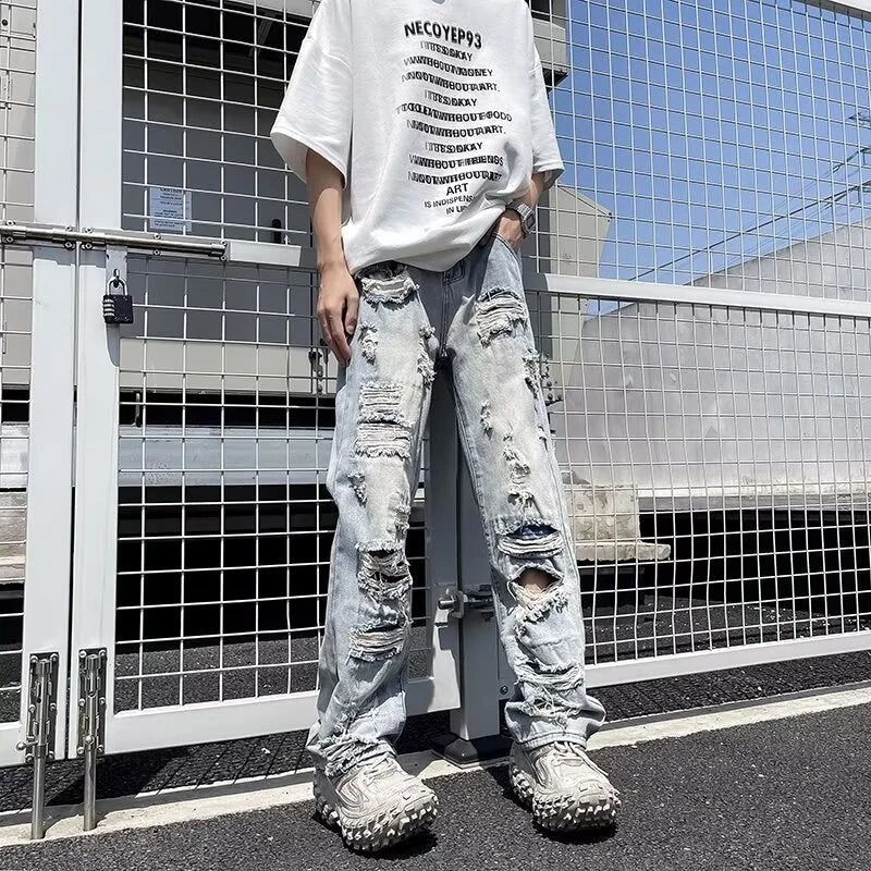 Jeans Homme Décontractés Oversize en Denim avec Détails Déchirés - Jambe Droite, Confort et Style Urbain