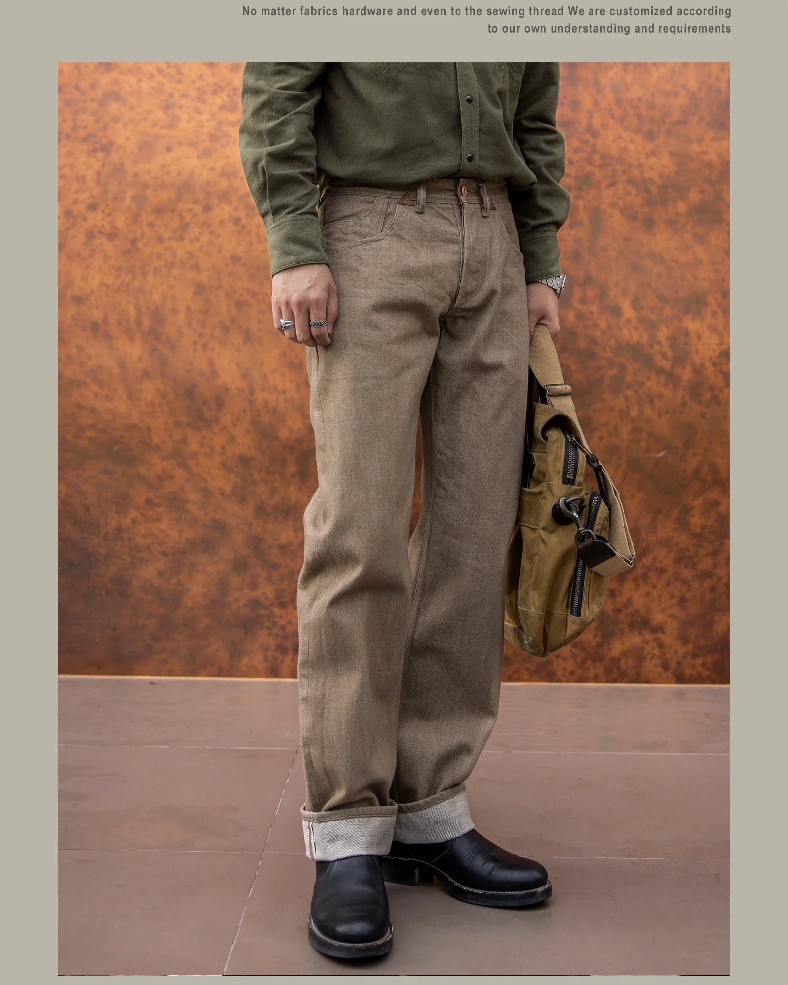 Jeans Homme Droits en Denim Selvedge Kaki, Coupe Ample et Durable, 100% Coton, Style Moderne à Cinq Poches